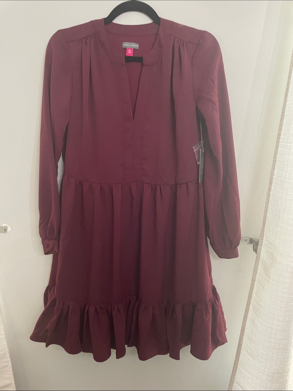 Vince Camuto Wine Long-Sleeve Ruffle-Hem Dress